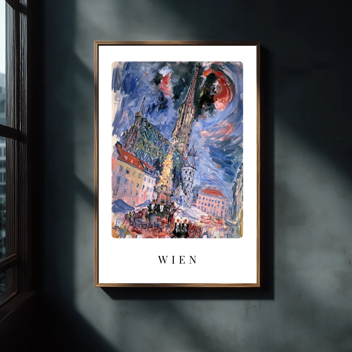 Poster Wien, gerahmt an einer dunklen Wand