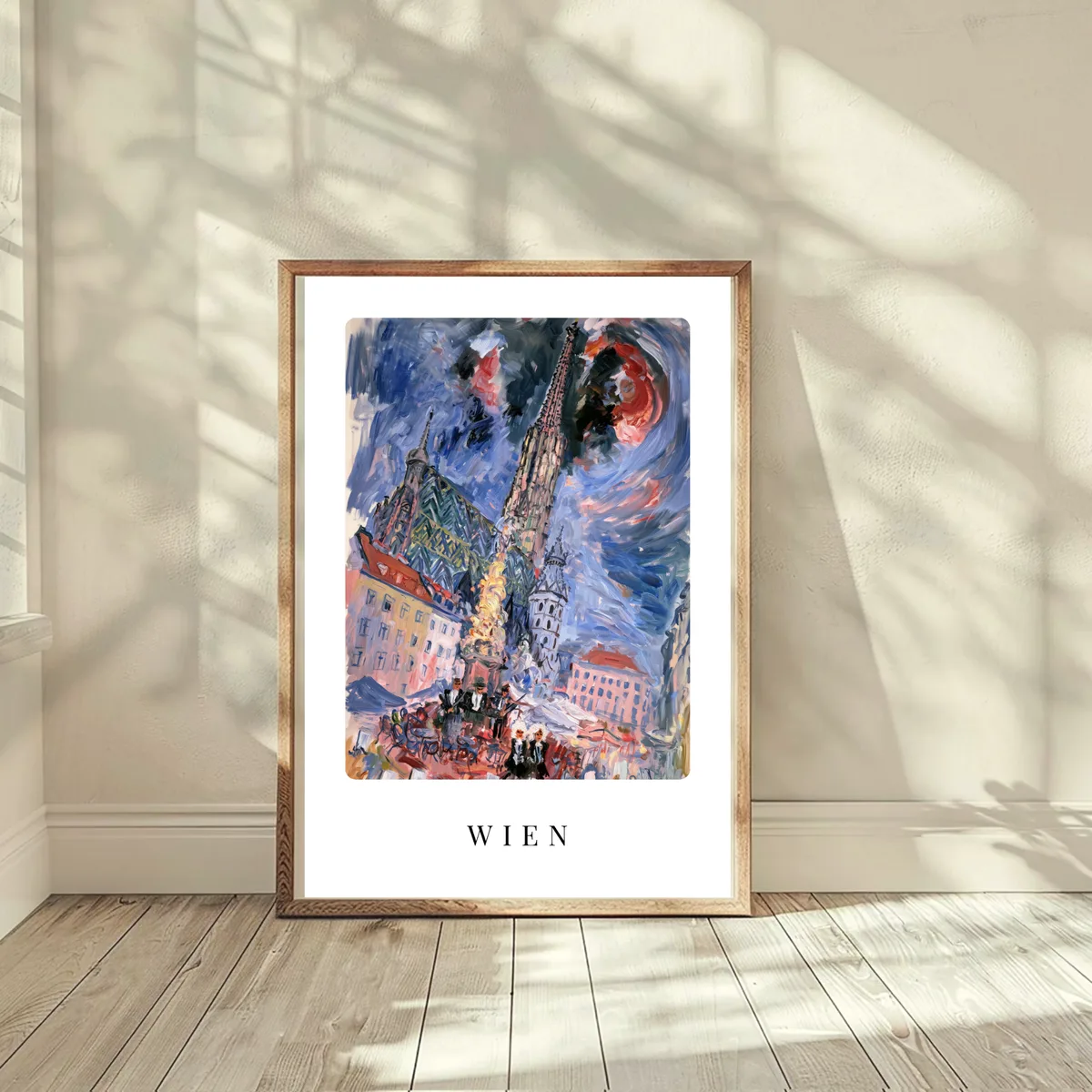 Poster Wien, gerahmt an eine helle Wand gelehnt